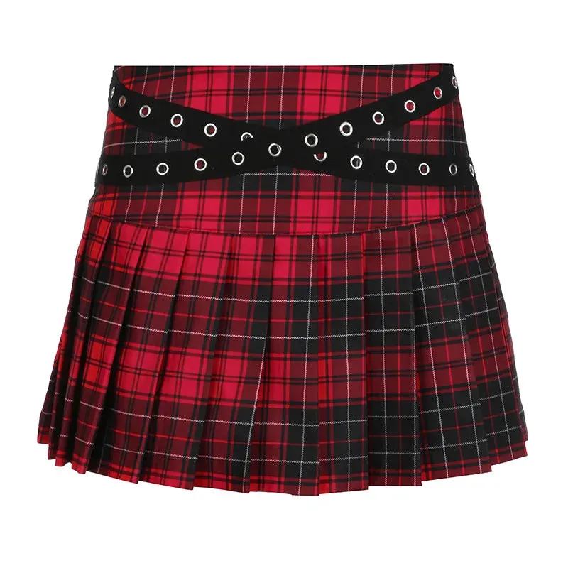 90s Grunge Plaid Mini Skirt with Eyelet Strap and Pleats