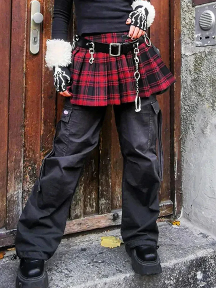 90s Grunge Plaid Mini Skirt with Eyelet Strap and Pleats