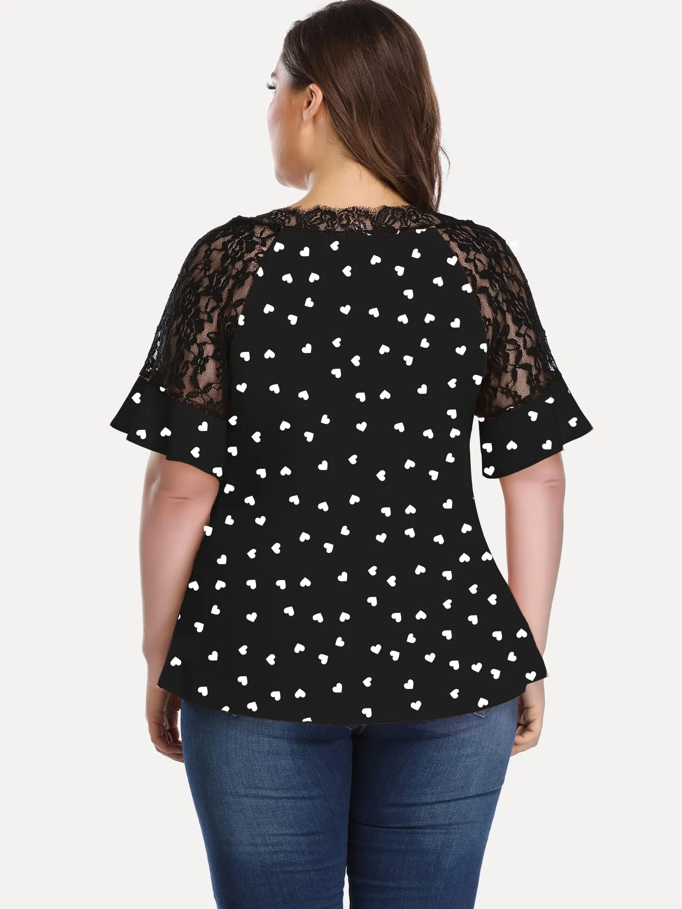 All Over Print Ruffle Short Sleeve V Neck Regular Plus Size Blouse