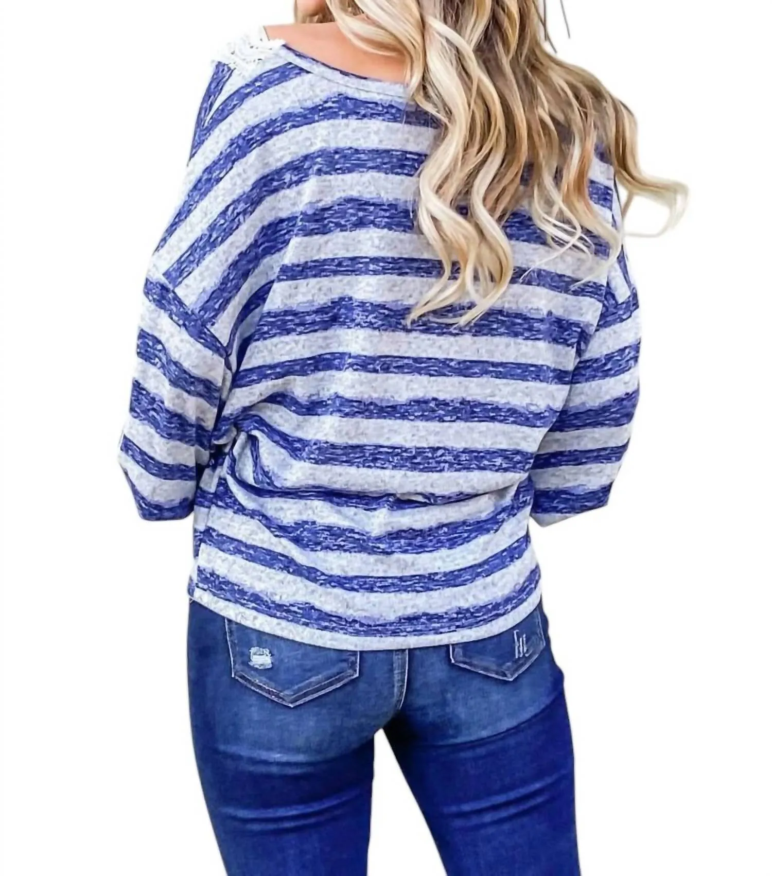 And The Why - Striped Lace Detail V Neck Top