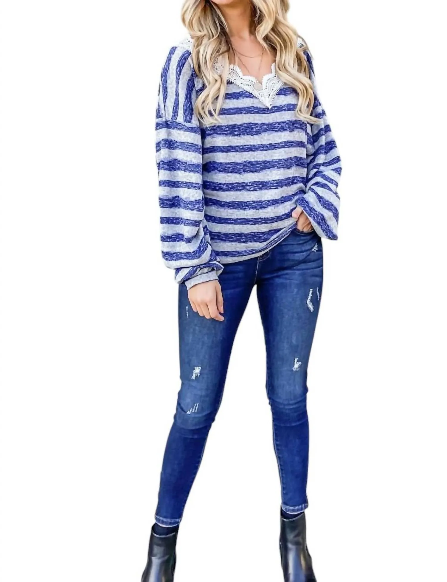 And The Why - Striped Lace Detail V Neck Top
