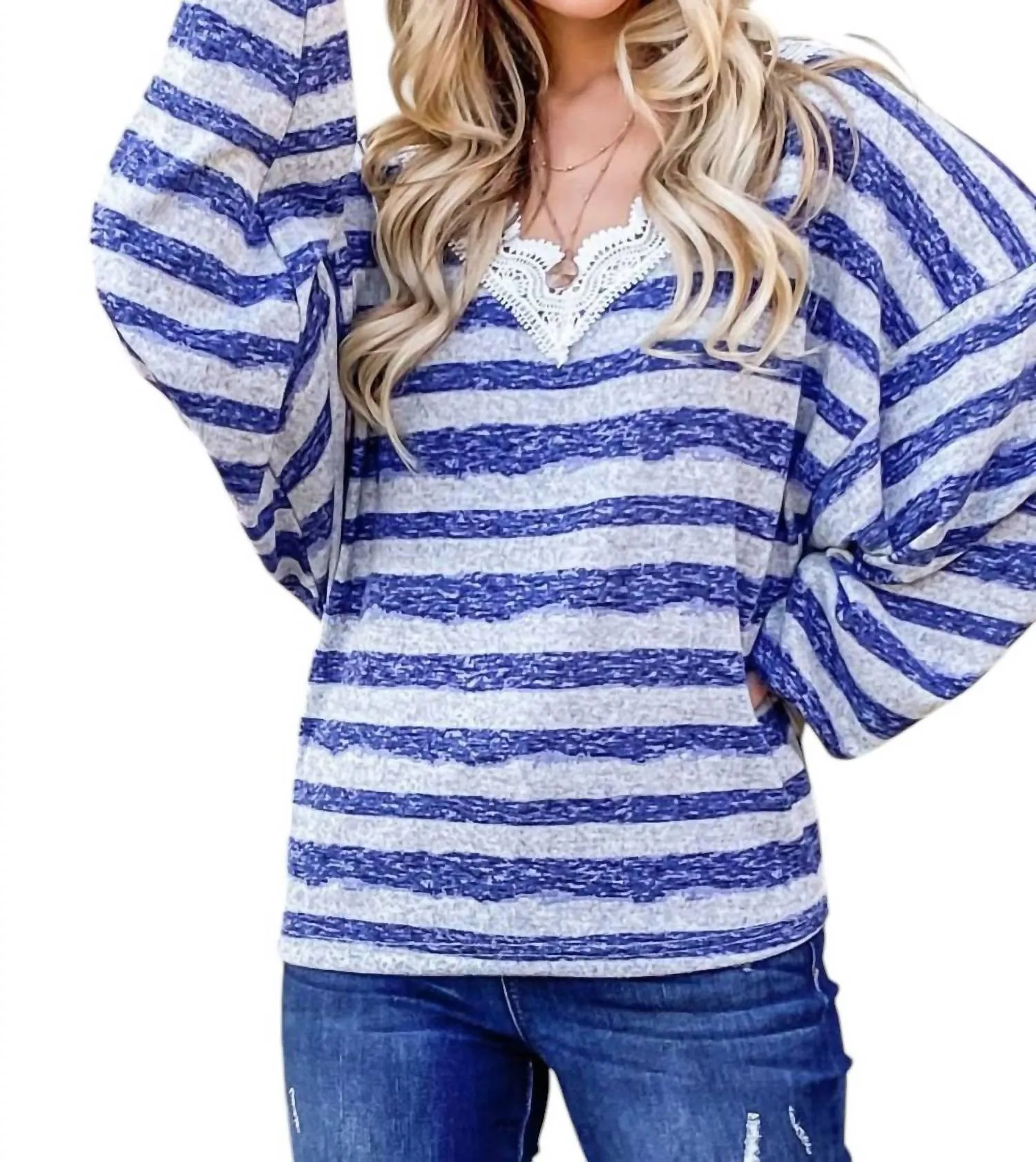 And The Why - Striped Lace Detail V Neck Top