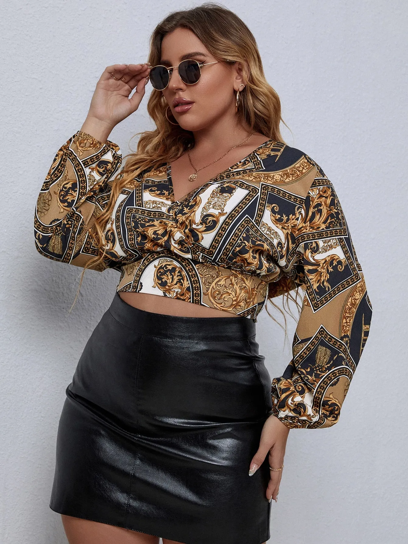 Baroque Wrap Long Sleeve V Neck Crop Plus Size Blouse