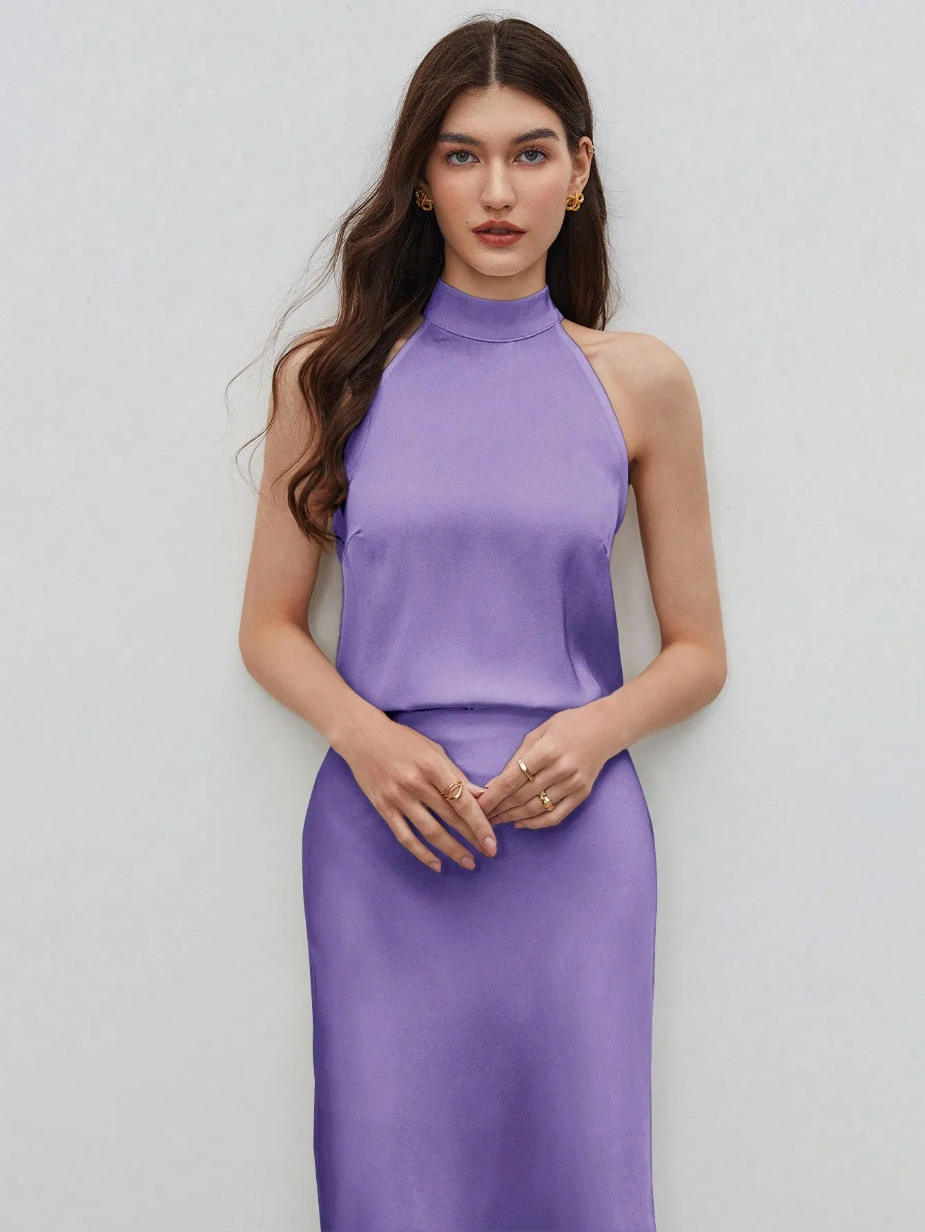 BIZwear Women's Solid Color Sleeveless Halter Shirt