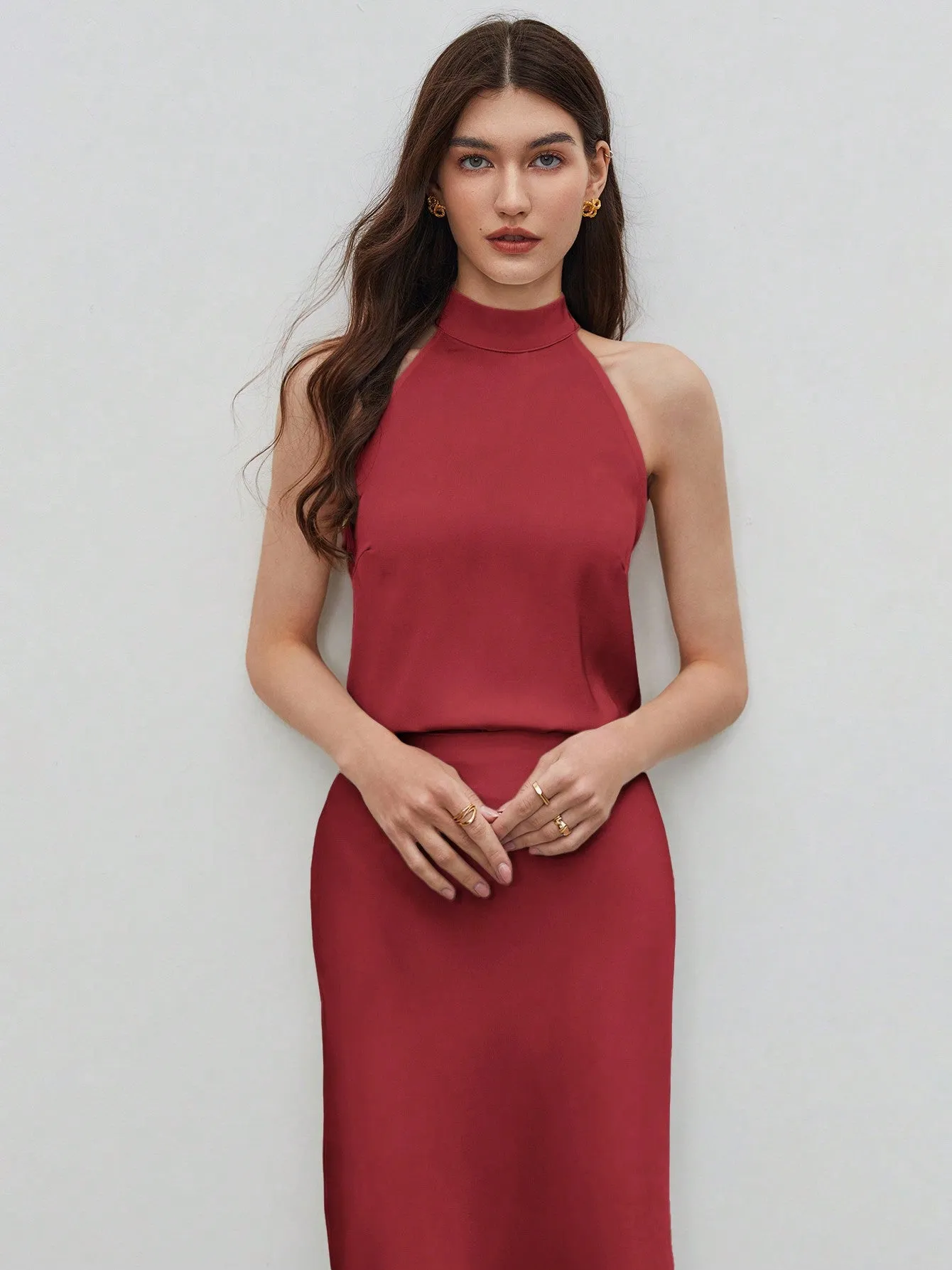 BIZwear Women's Solid Color Sleeveless Halter Shirt
