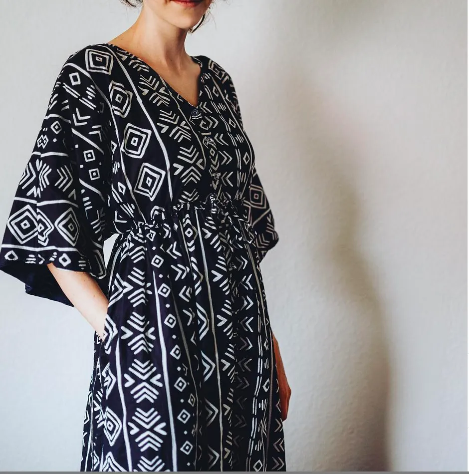 Black Aztec Front Buttoned Empire Waist Caftan Dress, Comfortable House Dress