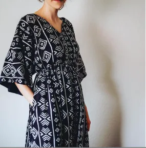 Black Aztec Front Buttoned Empire Waist Caftan Dress, Comfortable House Dress