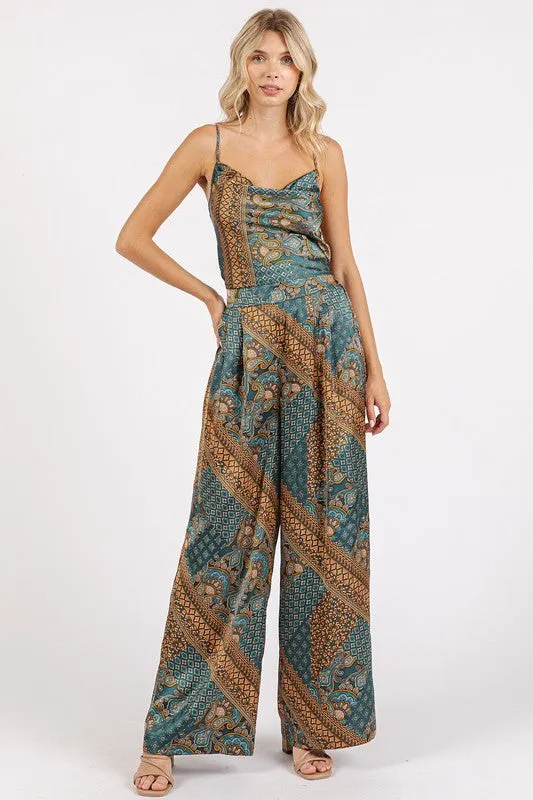 Blue Paisley Patchwork Satin Cowl Neck Crop Cami