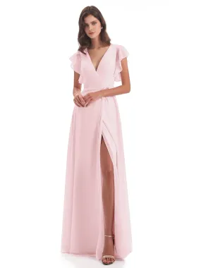 Blush Pink Bridesmaids Dress Hope Charming V Neck Long Chiffon Bridesmaid Dresses