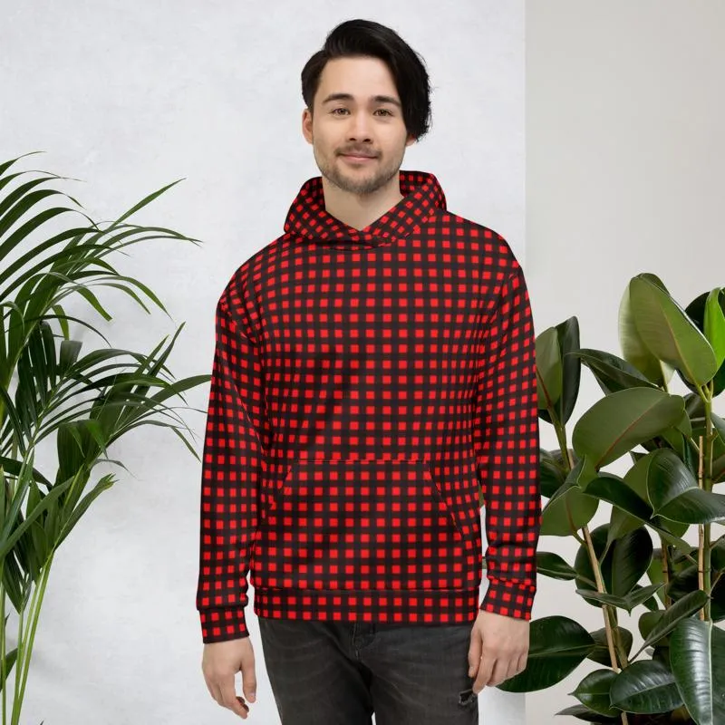 Buffalo Red Men's Hoodies, Plaid Print Women's Unisex Soft Fleece Hoodie- Made in EU