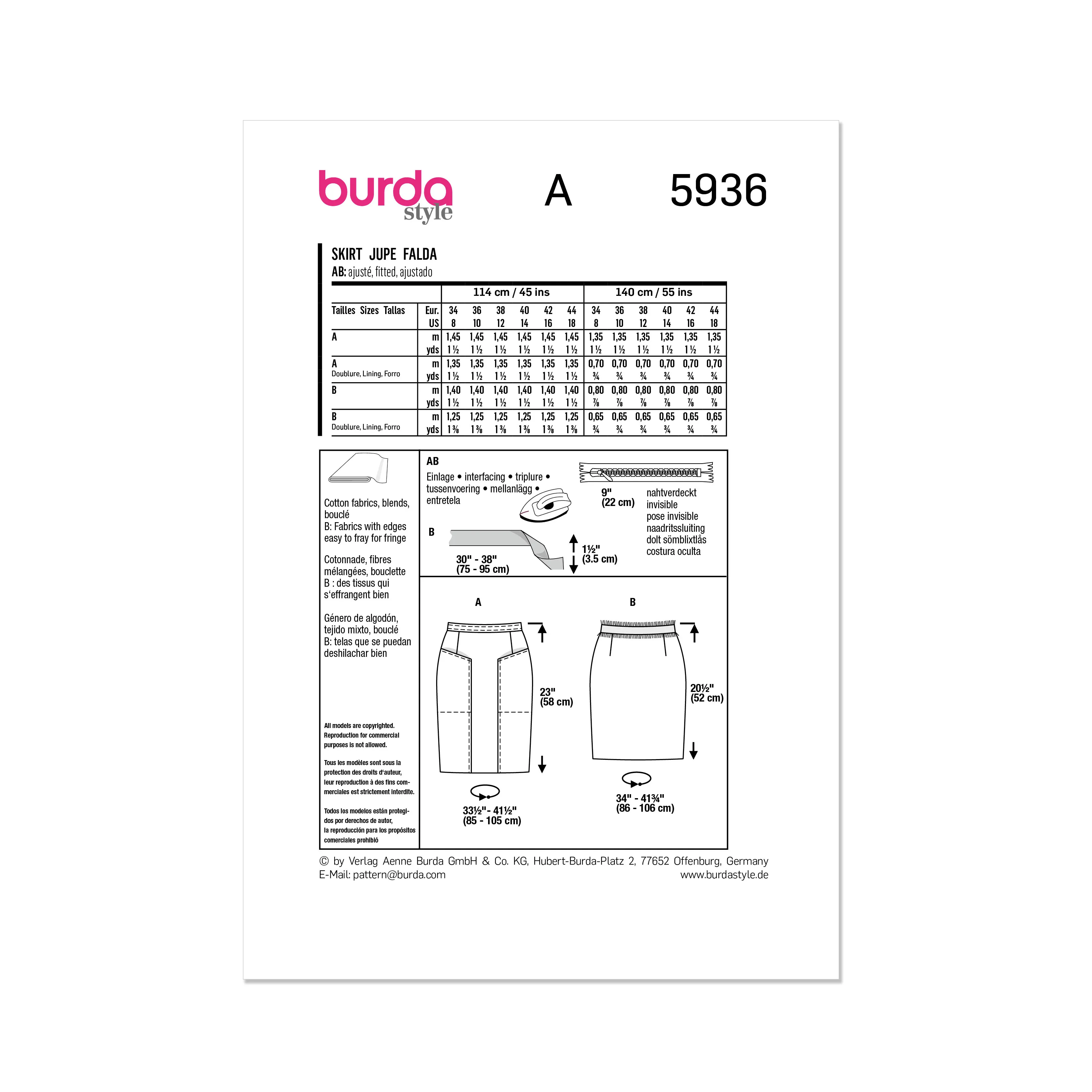 Burda Style Sewing Pattern 5936 Misses' Skirt