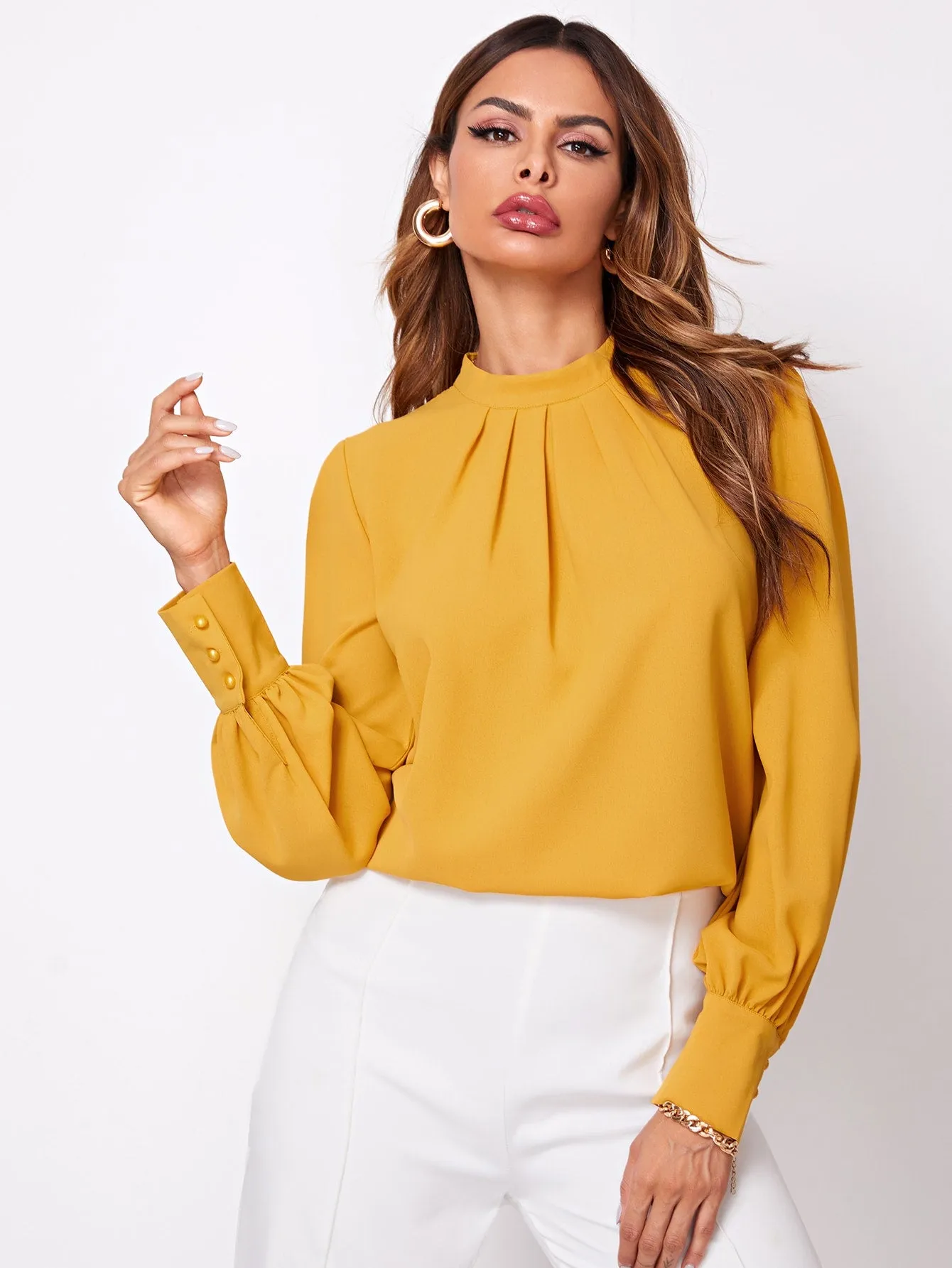 Button Cuff Gathered Neck Top