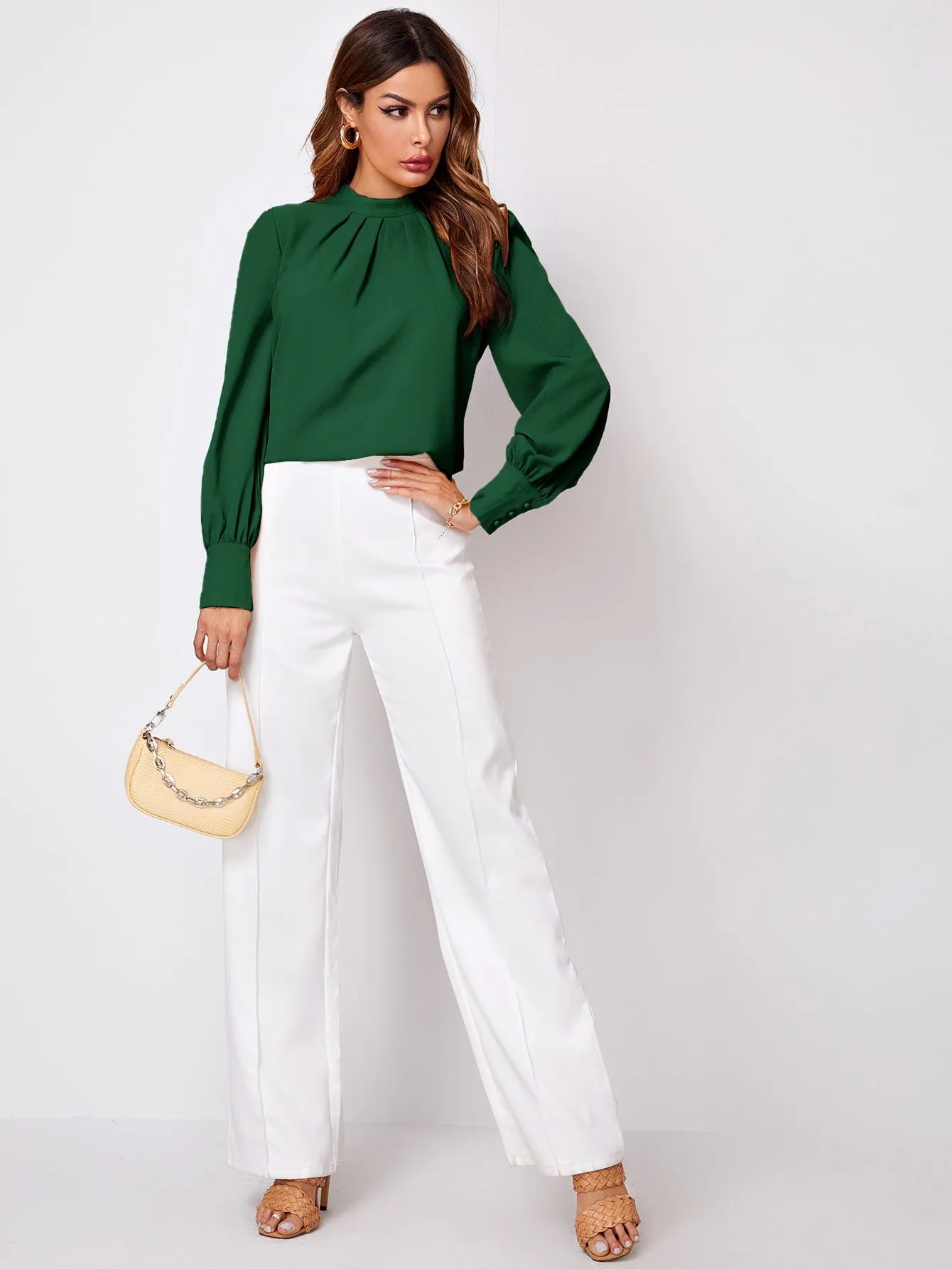 Button Cuff Gathered Neck Top