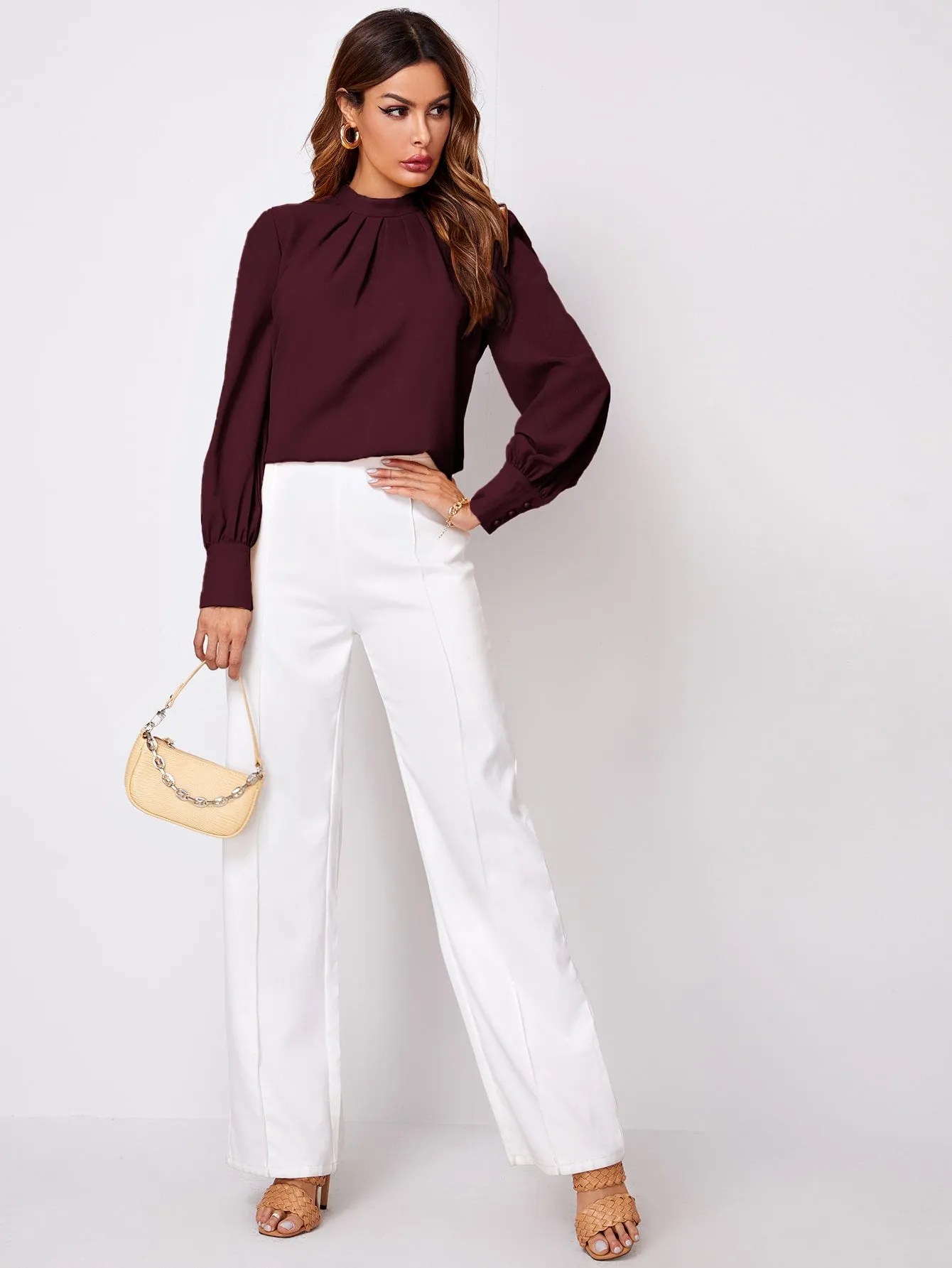 Button Cuff Gathered Neck Top