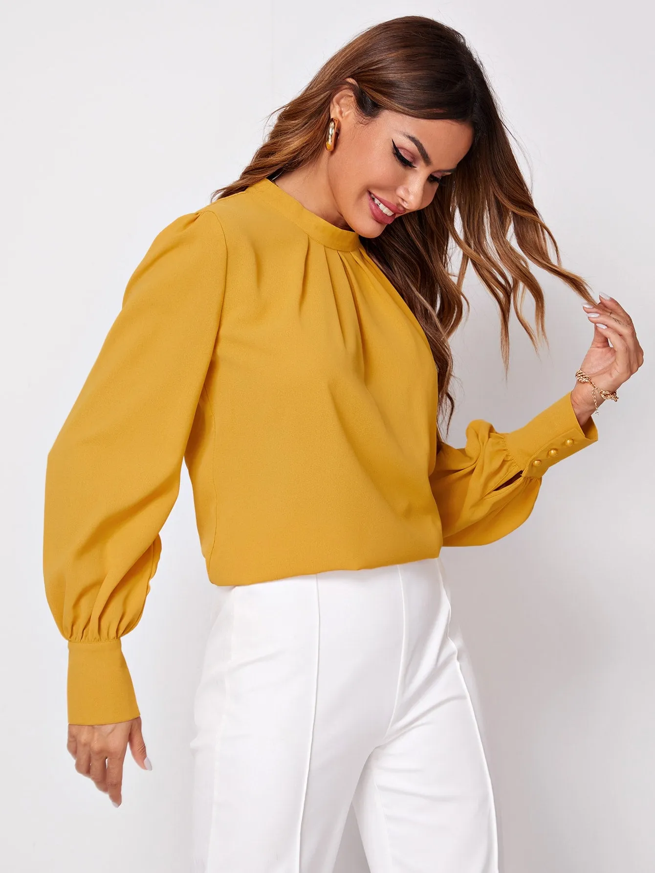 Button Cuff Gathered Neck Top