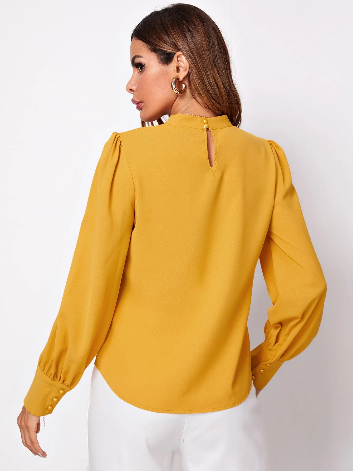 Button Cuff Gathered Neck Top
