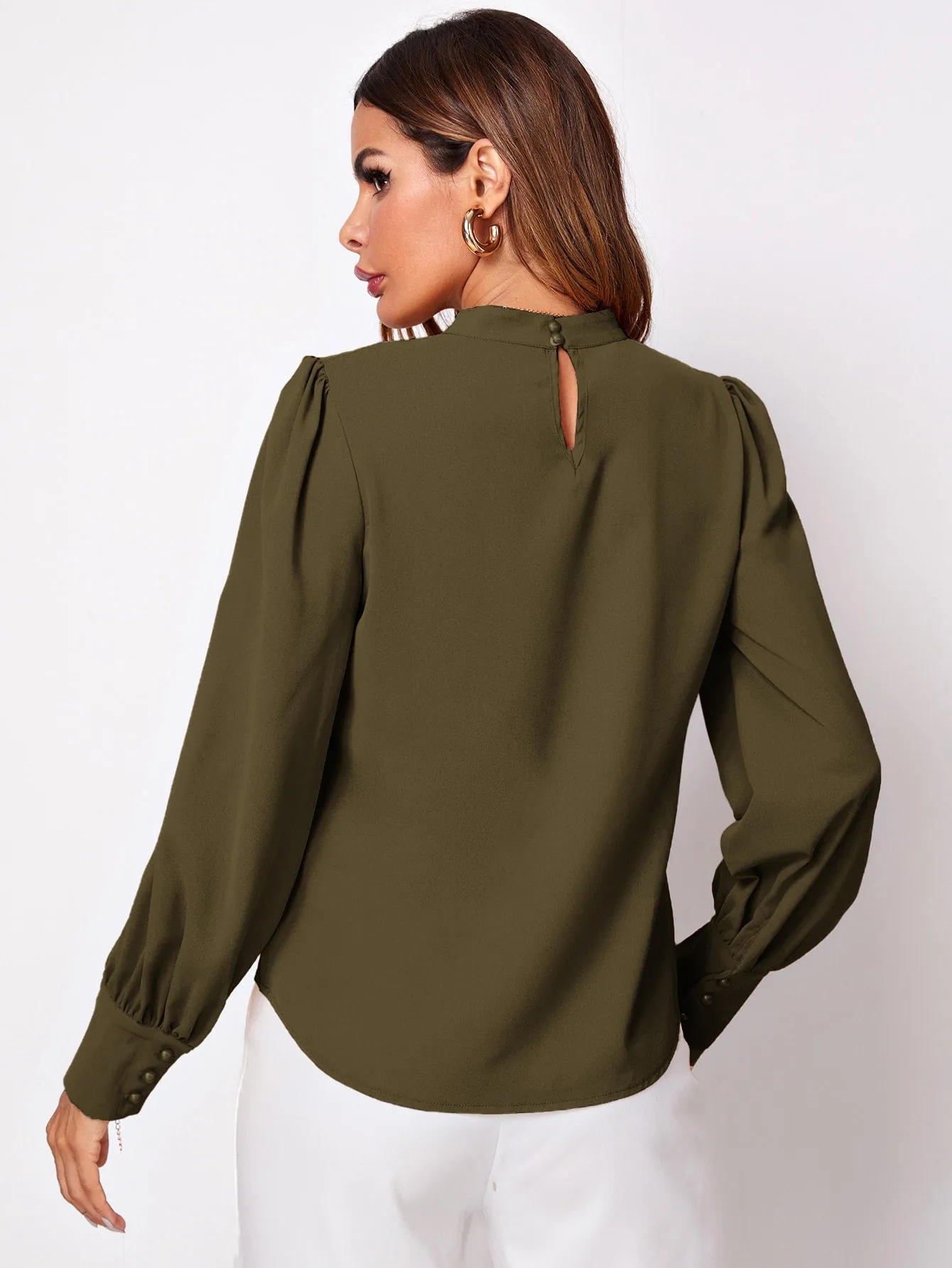 Button Cuff Gathered Neck Top