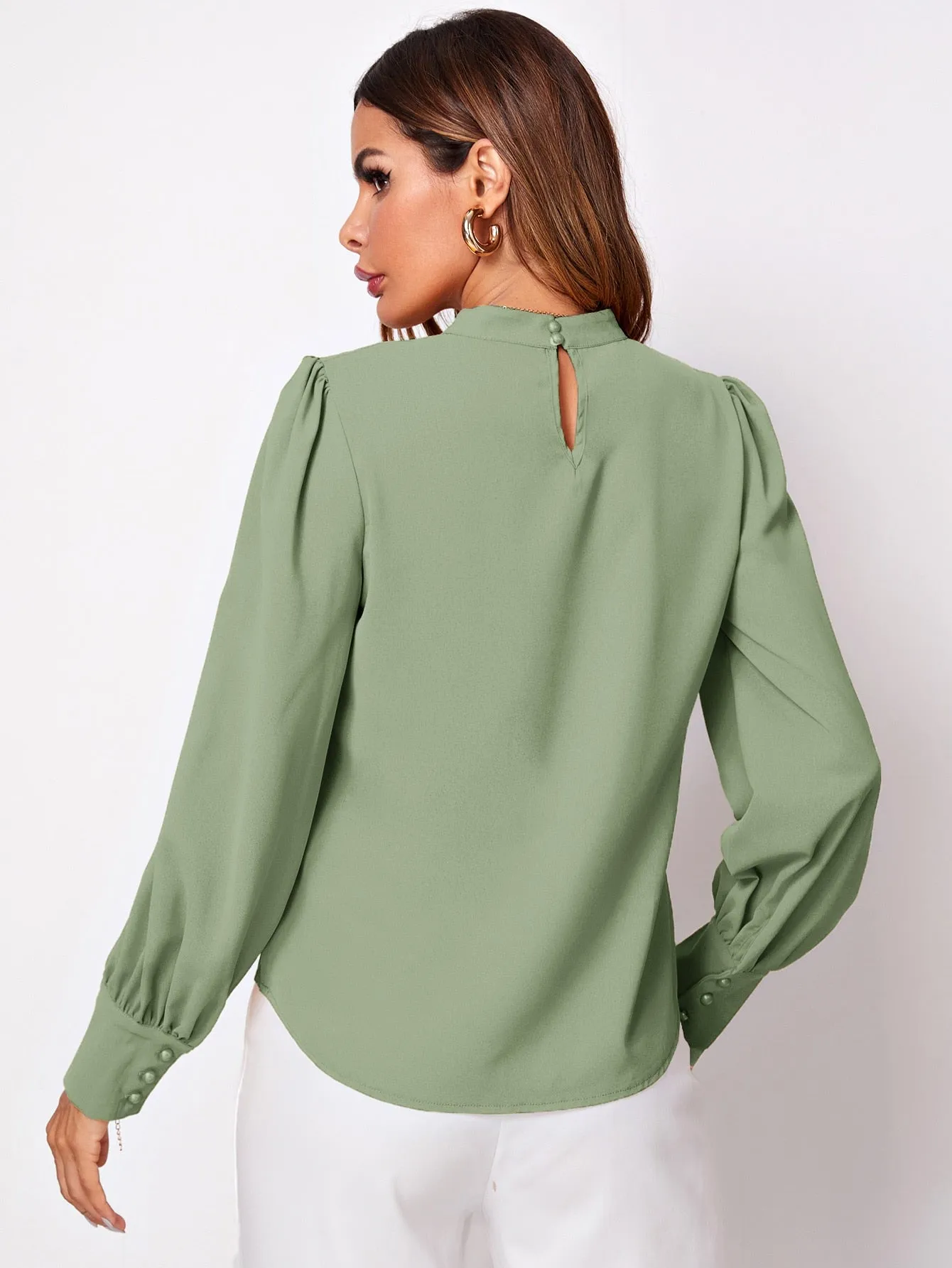Button Cuff Gathered Neck Top