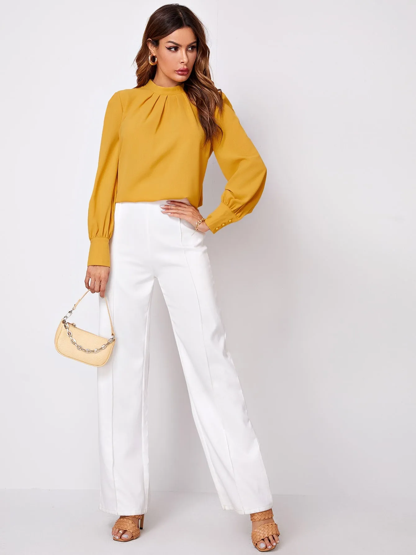 Button Cuff Gathered Neck Top