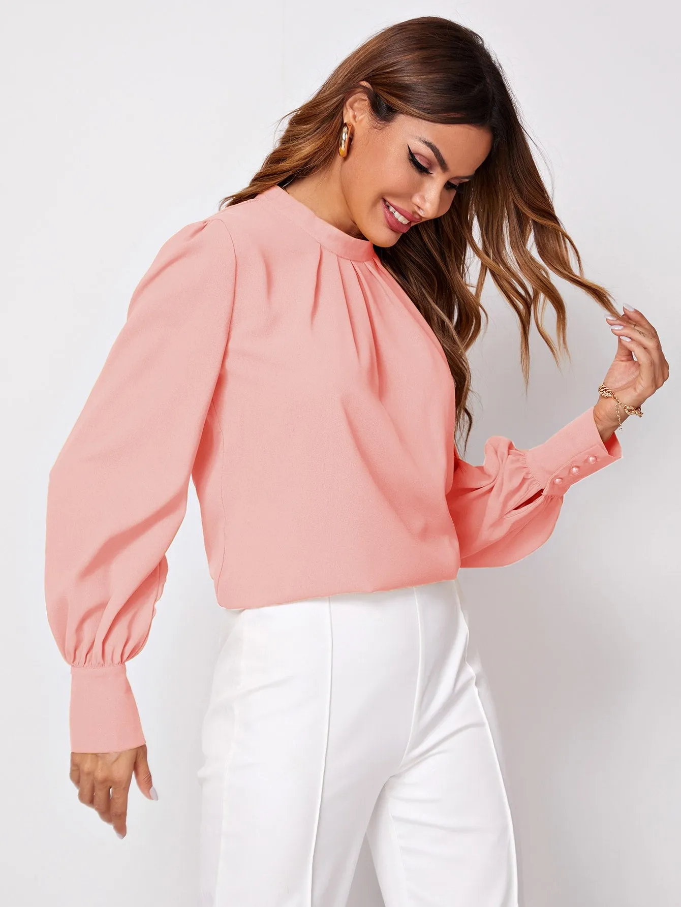 Button Cuff Gathered Neck Top