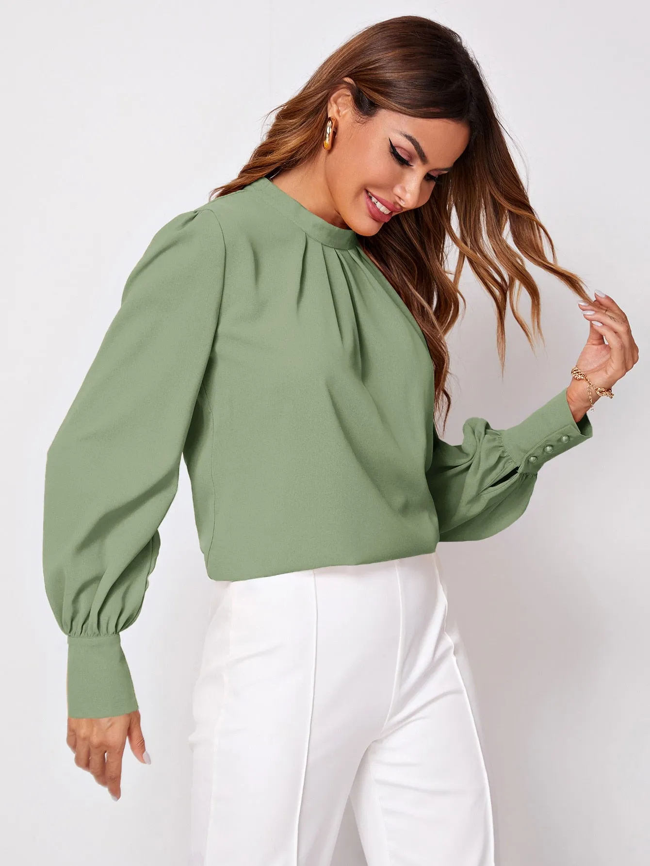 Button Cuff Gathered Neck Top