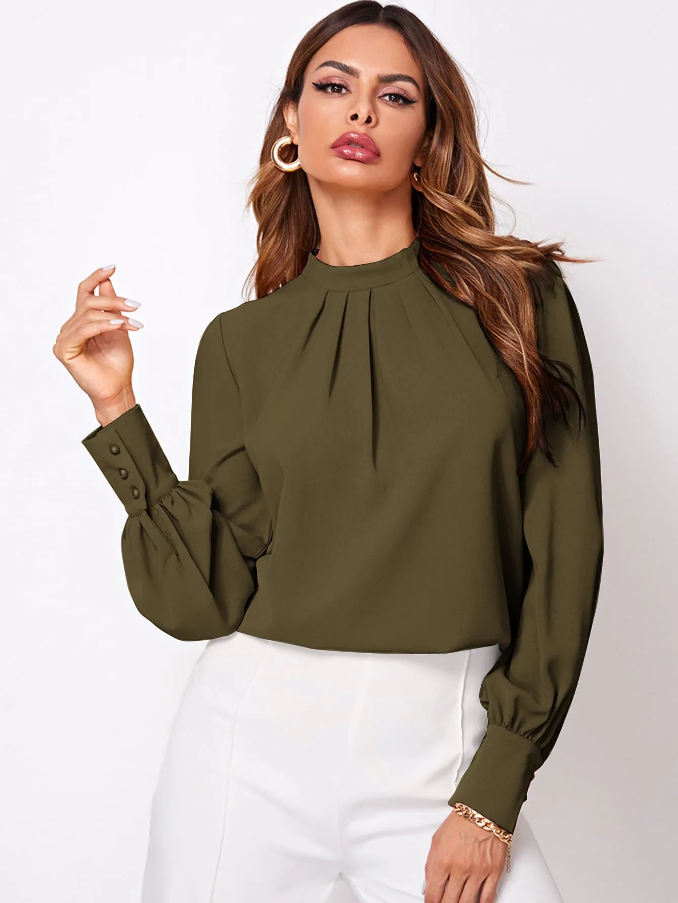 Button Cuff Gathered Neck Top