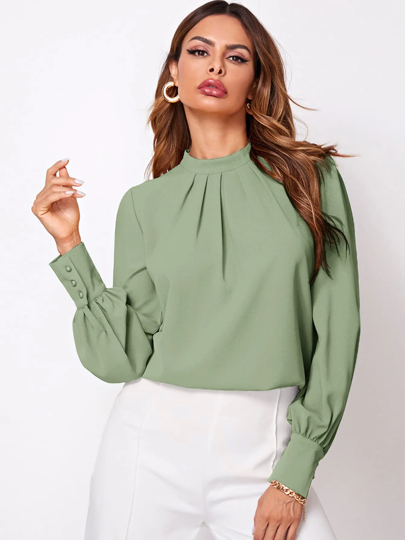 Button Cuff Gathered Neck Top