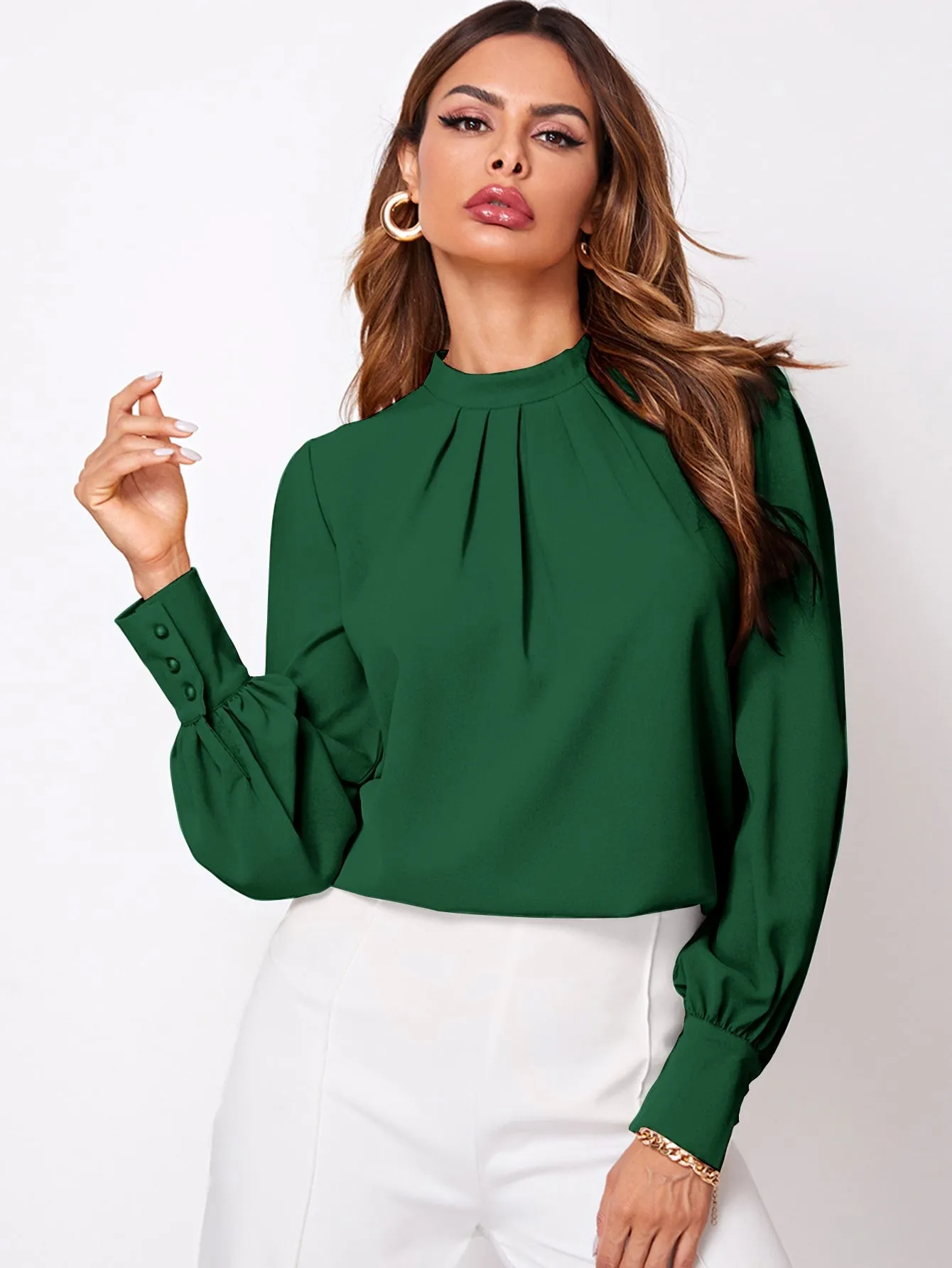 Button Cuff Gathered Neck Top