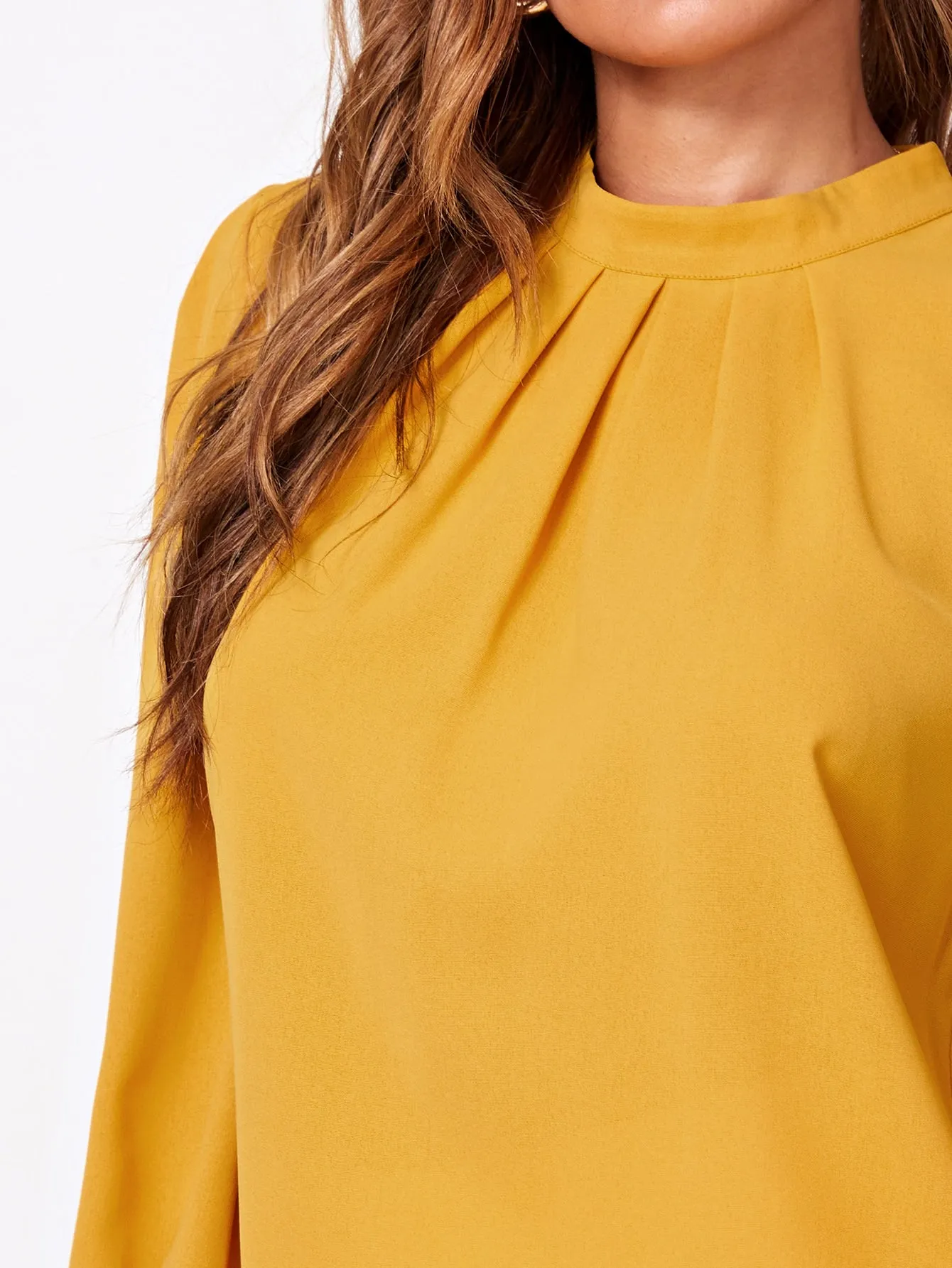 Button Cuff Gathered Neck Top