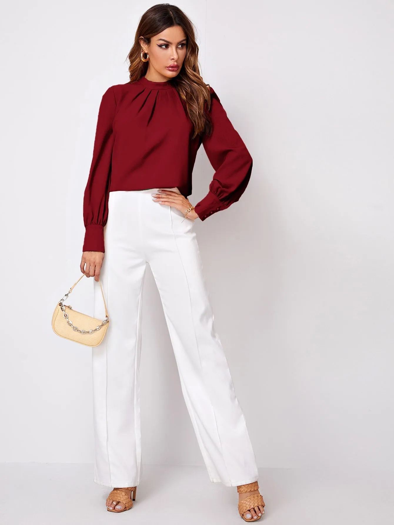 Button Cuff Gathered Neck Top