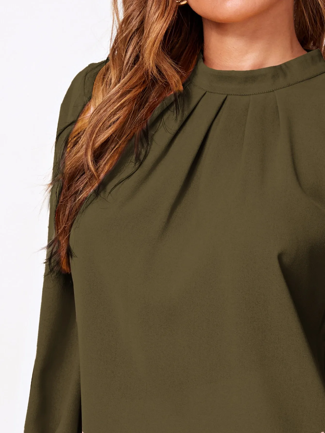 Button Cuff Gathered Neck Top