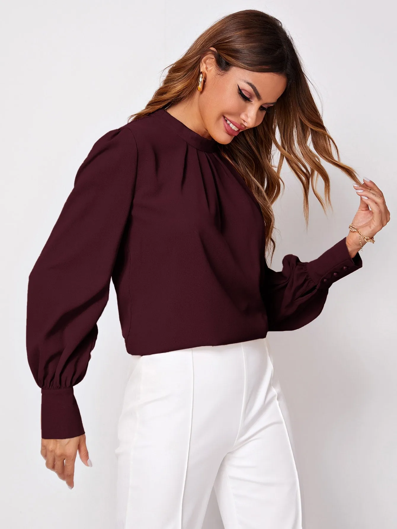 Button Cuff Gathered Neck Top