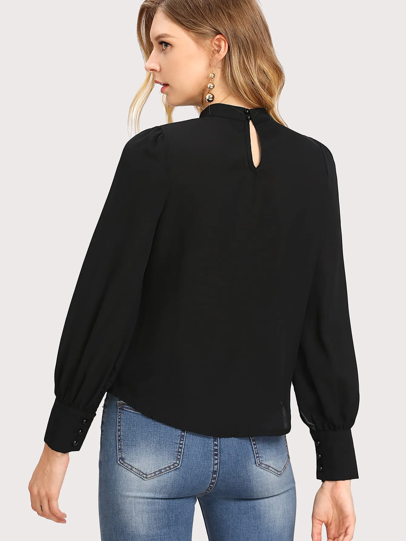 Button Cuff Gathered Neck Top