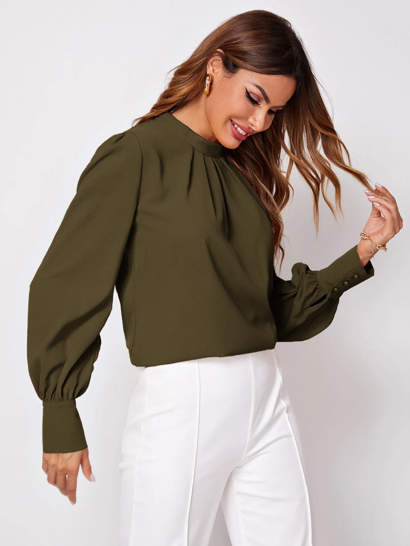 Button Cuff Gathered Neck Top