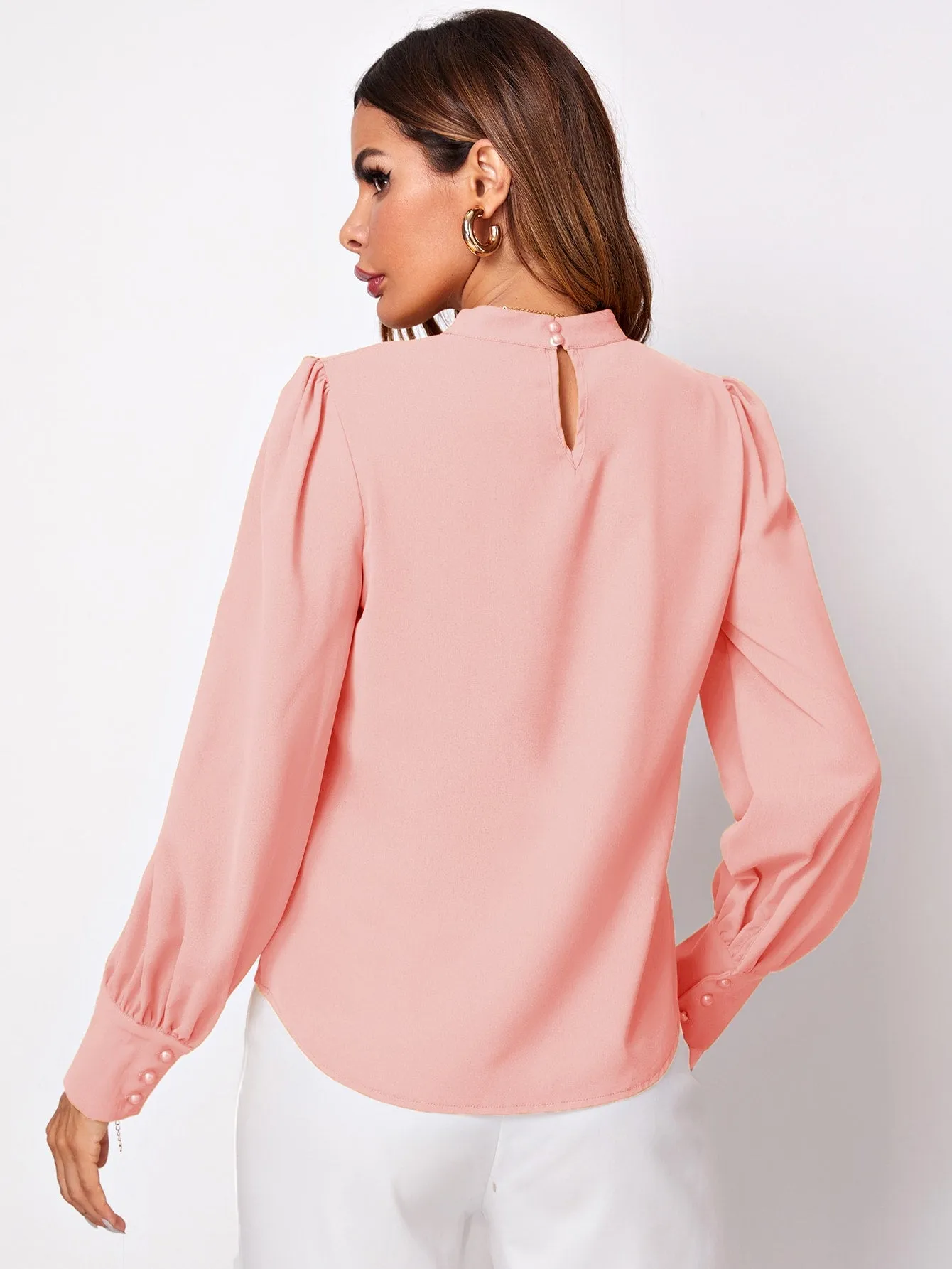 Button Cuff Gathered Neck Top