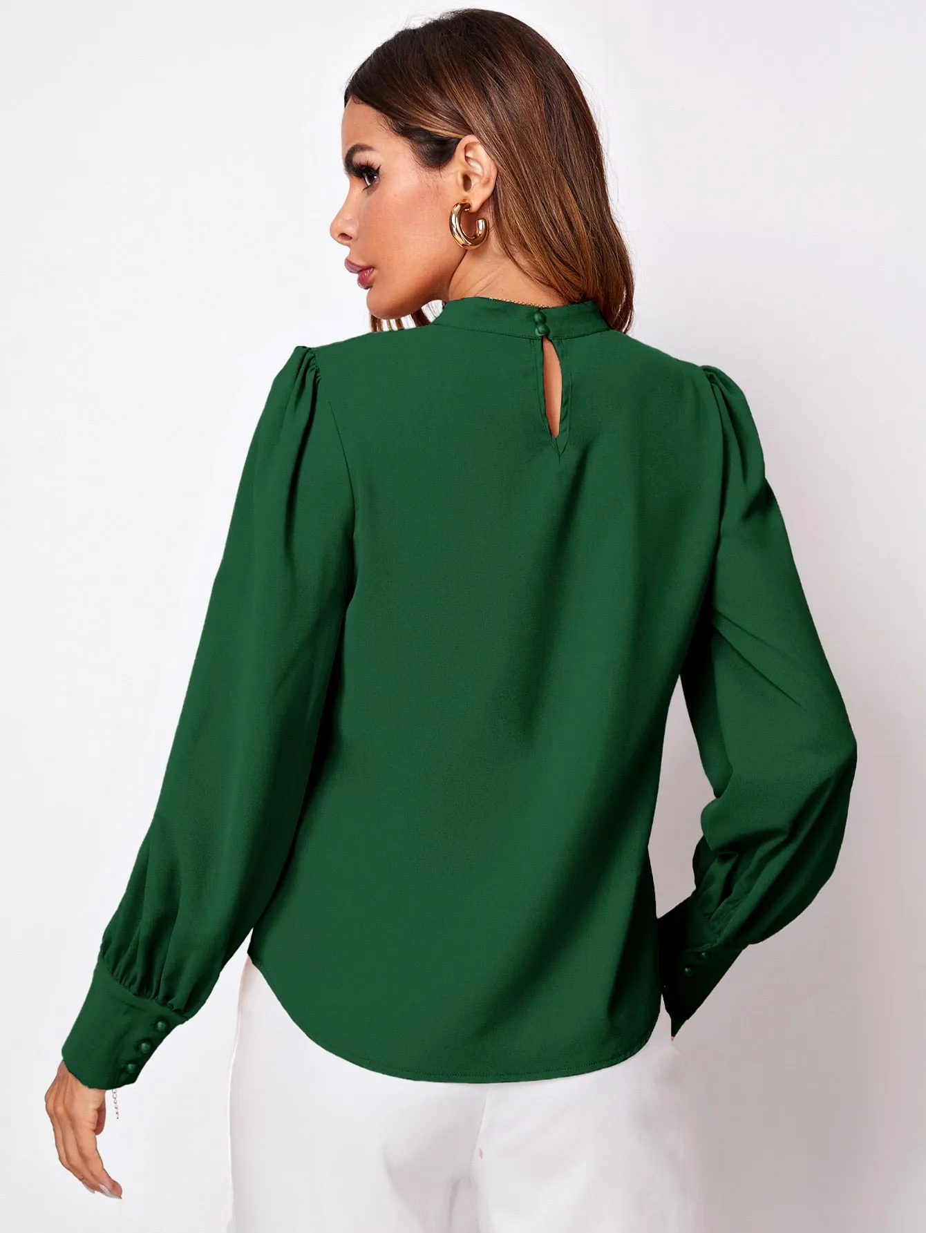 Button Cuff Gathered Neck Top