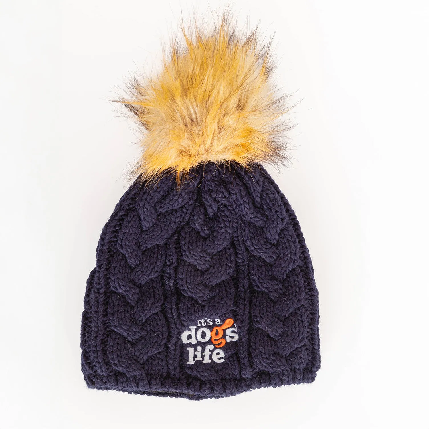 Cable Knit  Beanie with Faux Fur Pom - Navy