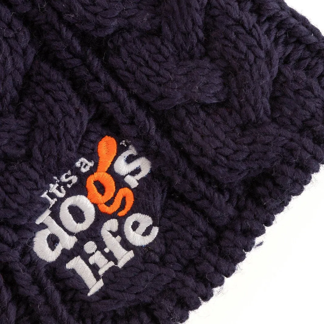 Cable Knit  Beanie with Faux Fur Pom - Navy