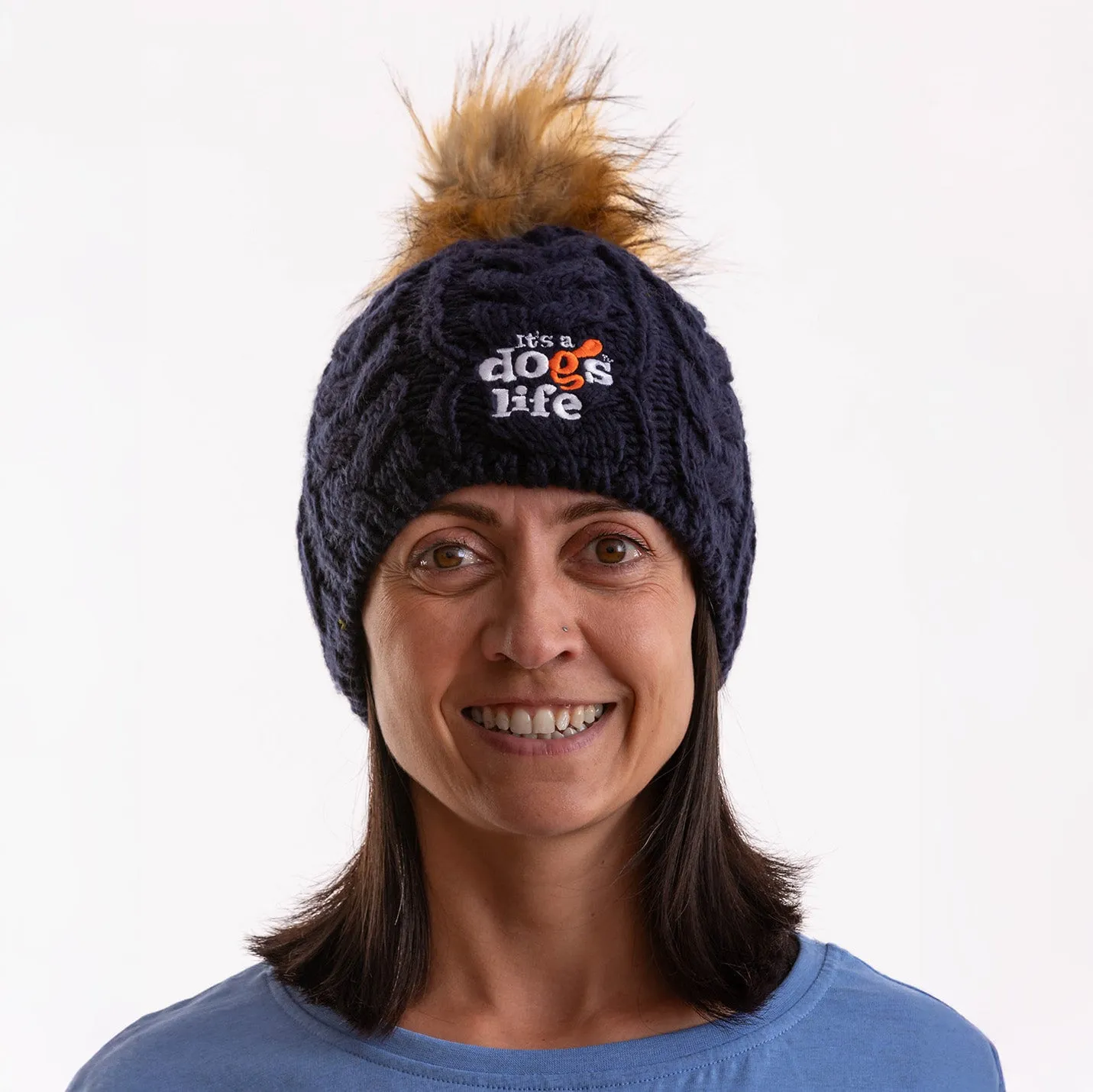 Cable Knit  Beanie with Faux Fur Pom - Navy