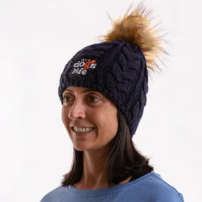 Cable Knit  Beanie with Faux Fur Pom - Navy
