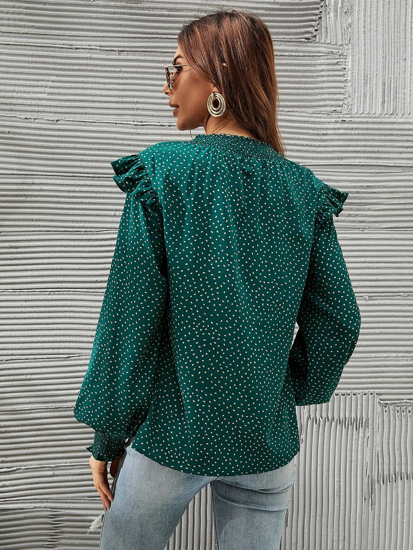 Casual All Over Print Ruffle Long Sleeve Tie Neck Regular Blouse