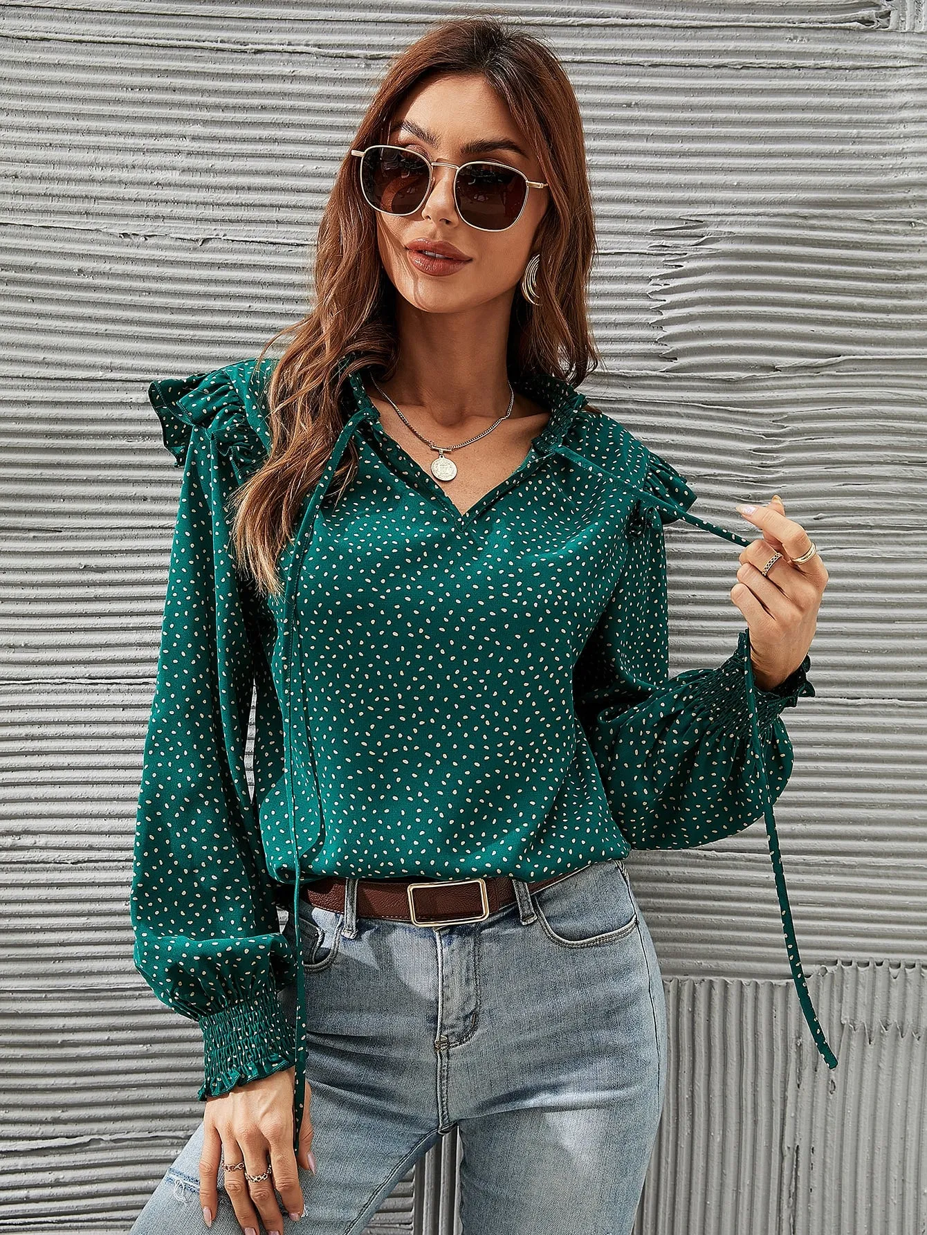 Casual All Over Print Ruffle Long Sleeve Tie Neck Regular Blouse