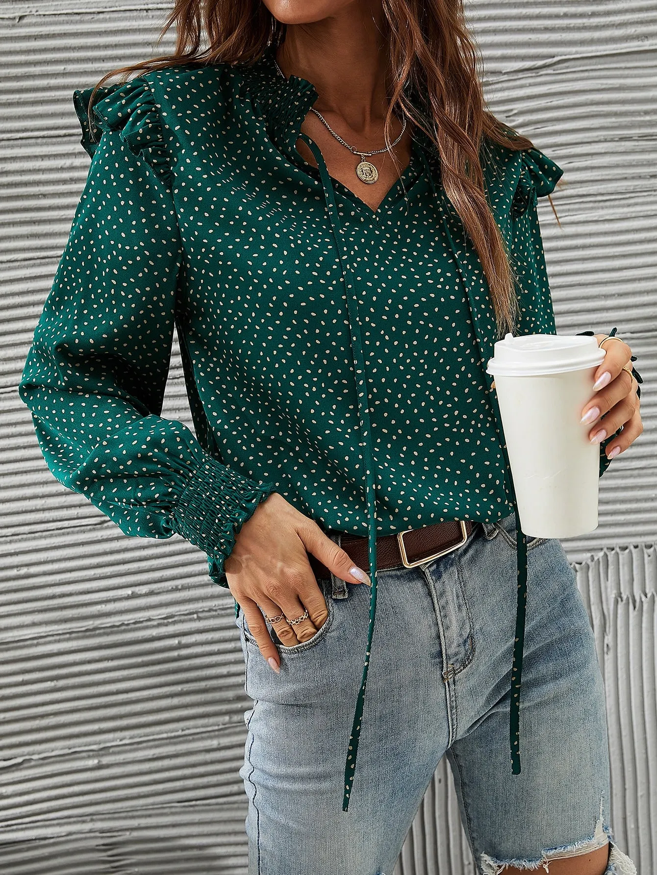 Casual All Over Print Ruffle Long Sleeve Tie Neck Regular Blouse