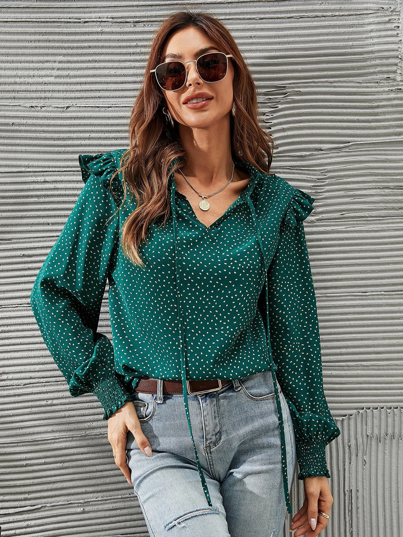 Casual All Over Print Ruffle Long Sleeve Tie Neck Regular Blouse