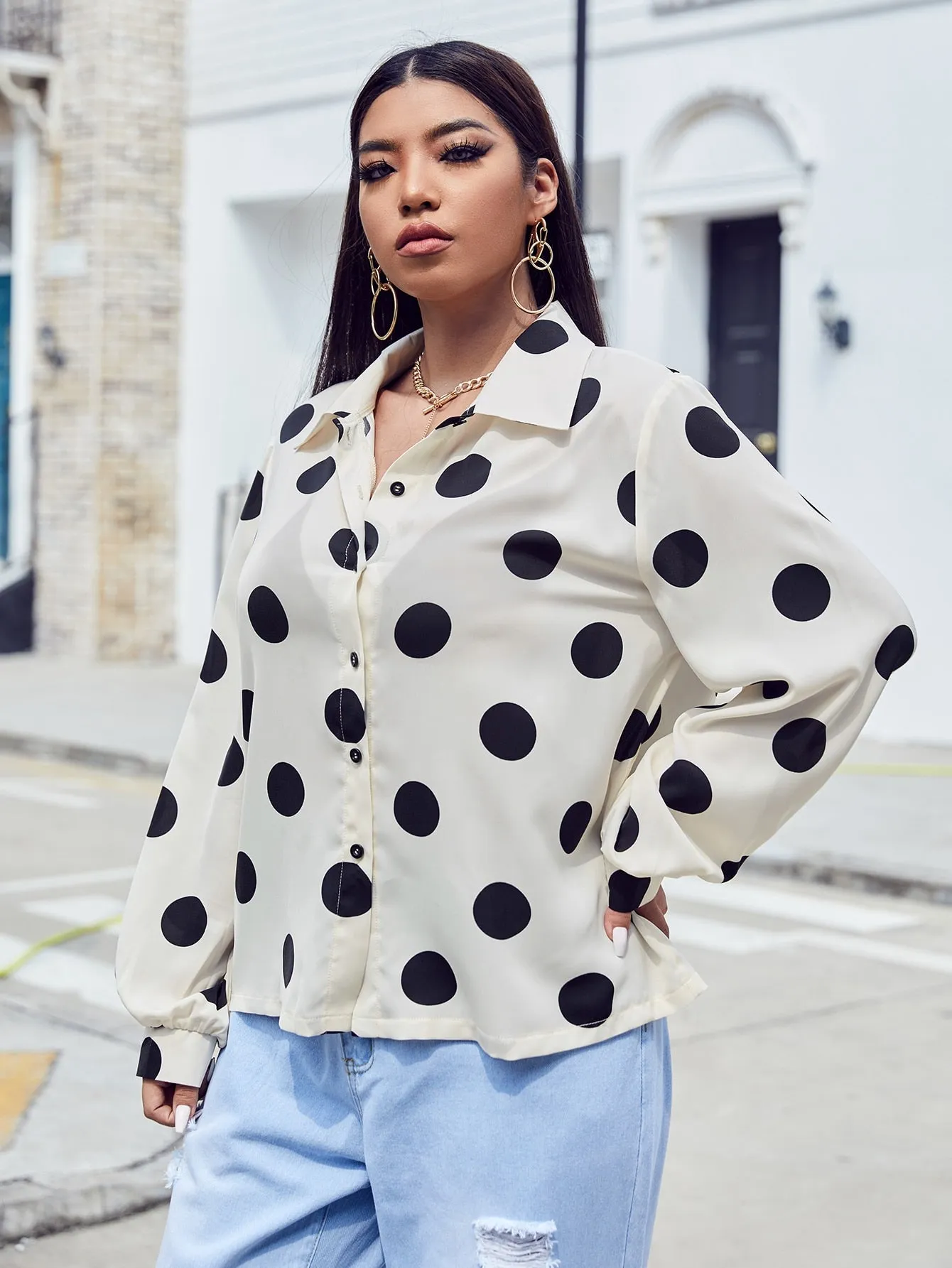 Casual Polka Dot Button Front Long Sleeve Collar Semi-Sheer Asymmetrical Regular Plus Size Blouse