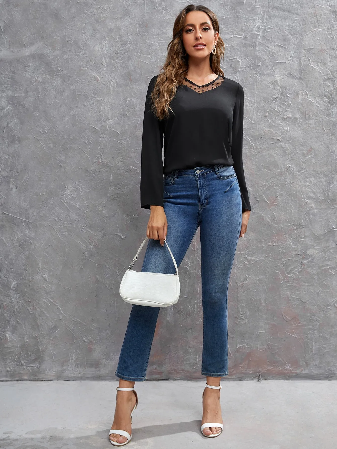 Casual Polka Dot Contrast Mesh Long Sleeve V Neck Regular Blouse