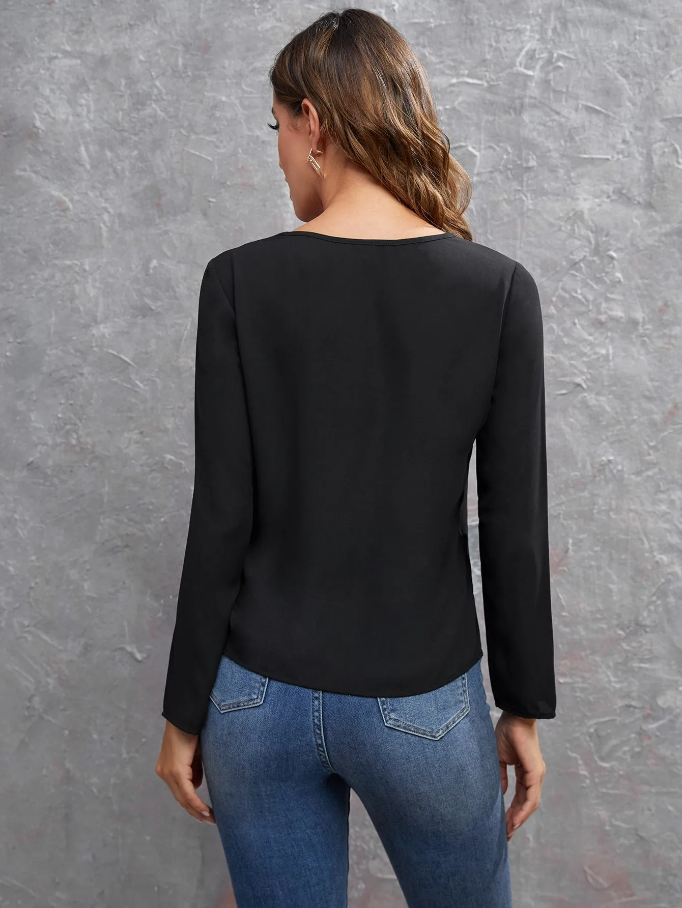 Casual Polka Dot Contrast Mesh Long Sleeve V Neck Regular Blouse