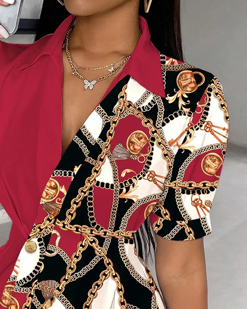 Chain Print Buttoned Short Sleeve Top