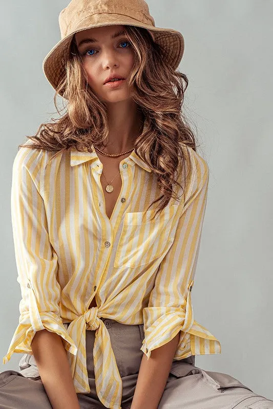 Collar Hem Tie Stripe Shirt Pineapple