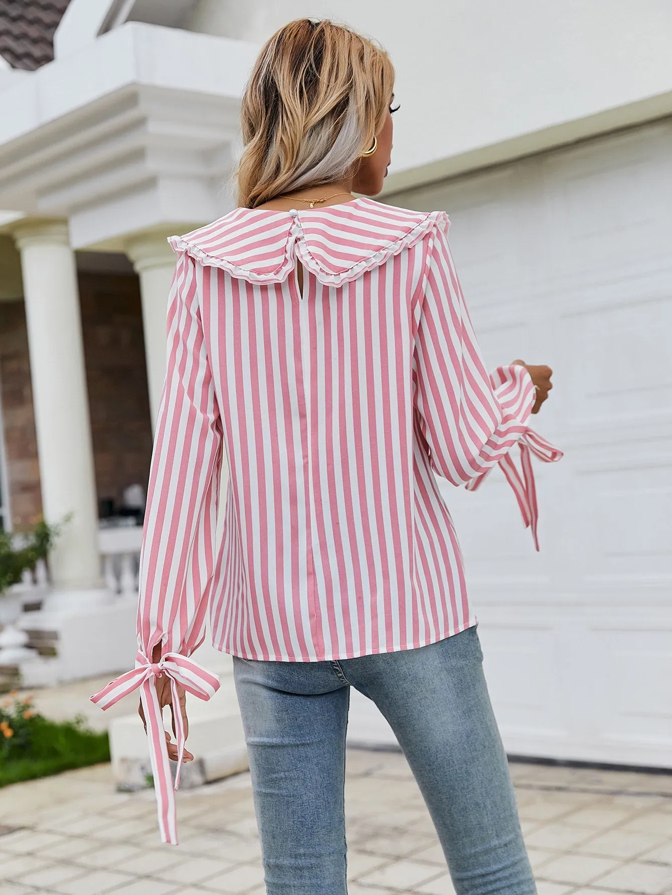 Cute Striped Lettuce Trim Long Sleeve Peter Pan Collar Regular Blouse